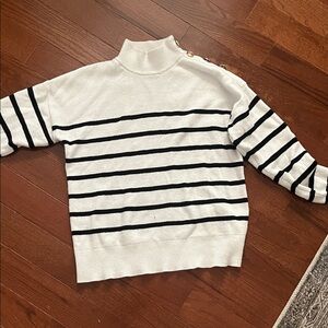 Nicole miller Striped White and navy Women's Sweater mock neck turtleneck